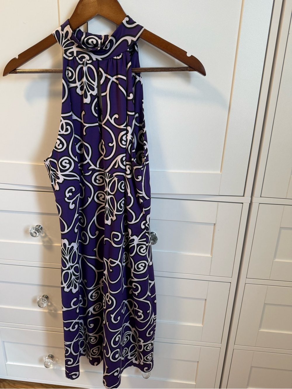 INC International Concepts Purple Halter Dress with White Scroll Print